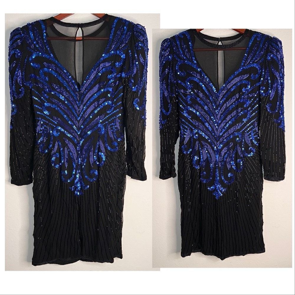A.J.‎ Bari Women 4 100% Silk Vintage 80s 90s Black Blue Sequin Embellished Dress
